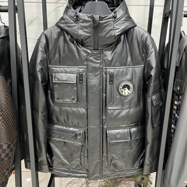 男士休闲百搭潮牌时尚牛皮连帽90羽绒保暖工装2432真皮皮衣