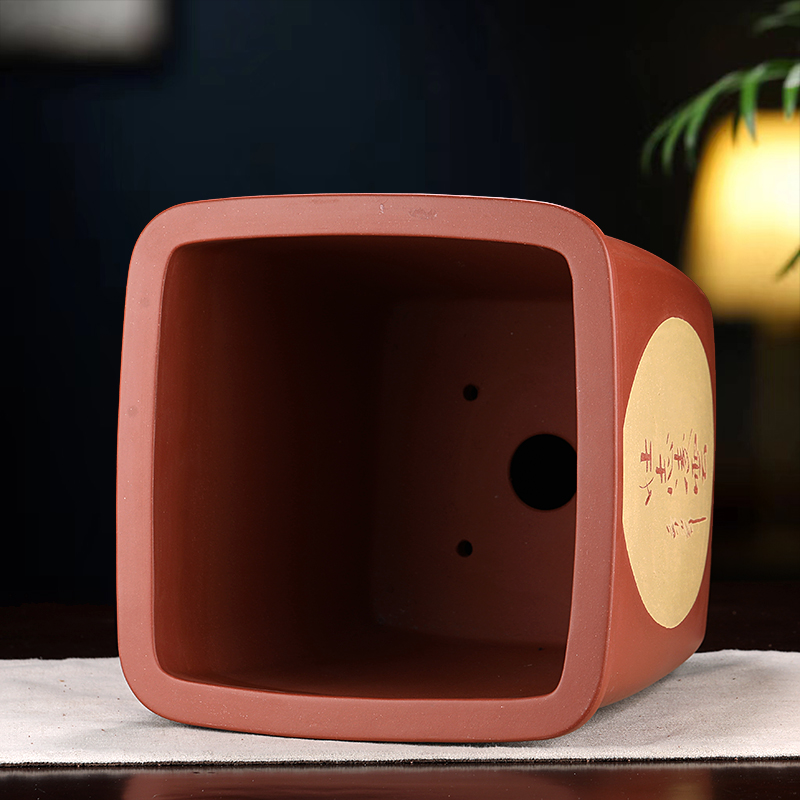 宜兴原矿紫砂四方刻绘兰花盆君子兰盆悬崖盆