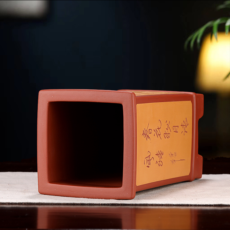 宜兴原矿紫砂四方刻绘兰花盆