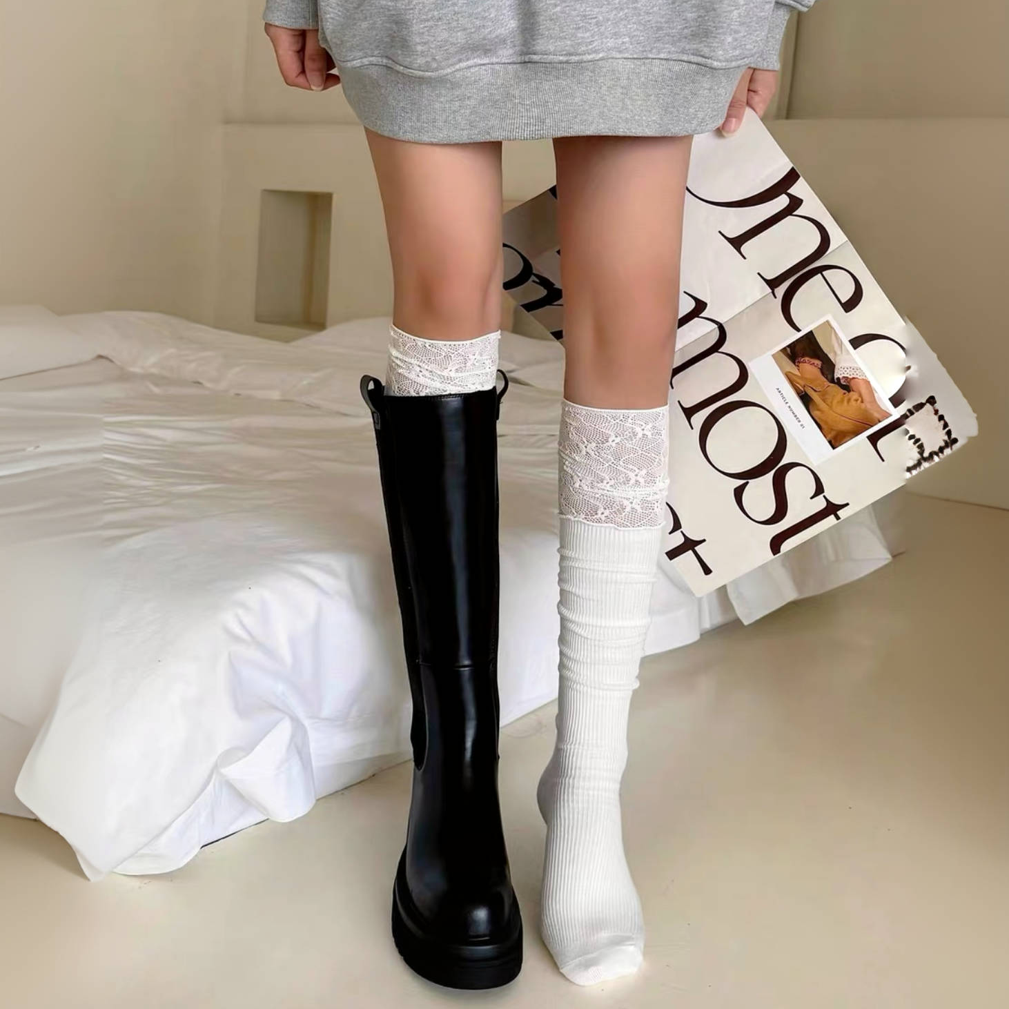 蕾丝花边过膝靴袜纯欲百搭白色堆堆袜子长筒靴袜女秋冬显瘦四季款