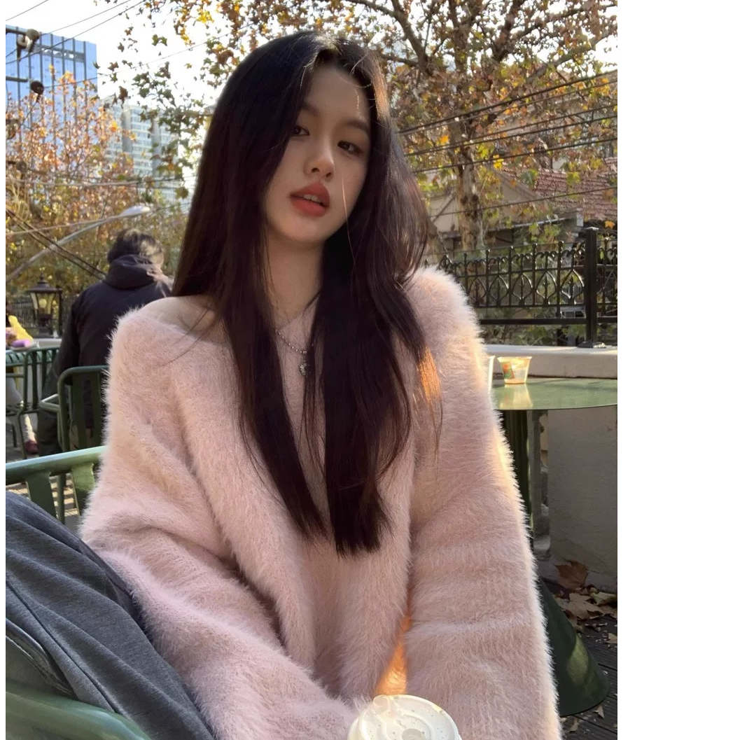 毛衣女秋冬软糯宽松V领水毛毛套头上衣慵懒纯欲显瘦中长毛毛外套