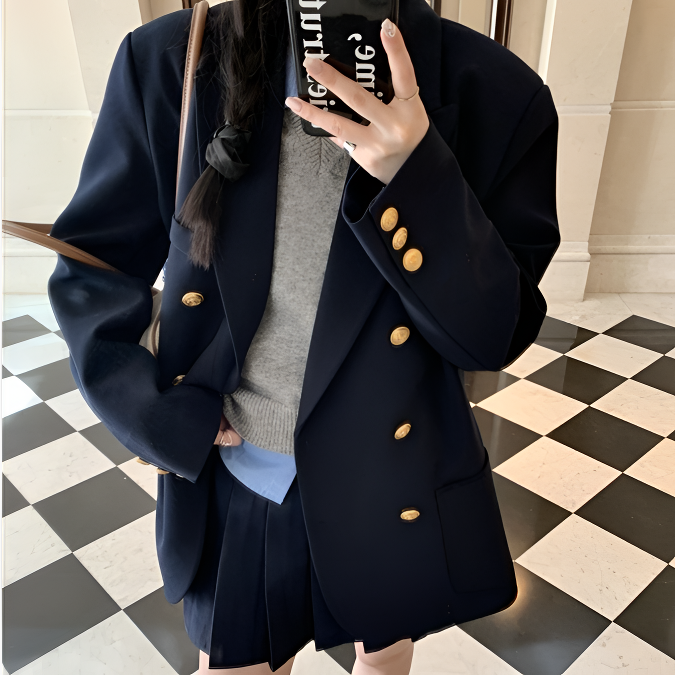 早秋新款韩版百搭气质金扣西服高级感宽松冬季黑色秋冬西装女外套