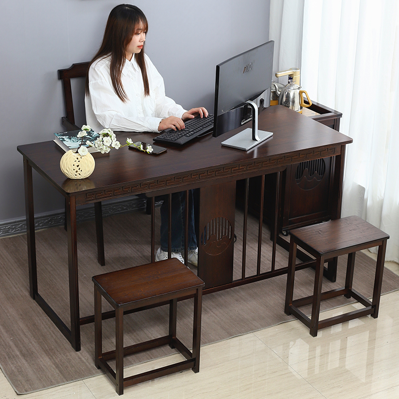 新中式大长书桌家用办公电脑桌实木客厅工作台国学毛笔字茶桌椅子