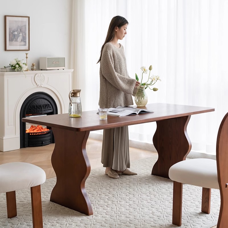 屿墨丨 涟漪餐桌法式中古风岩板餐桌家用长方形复古波浪实木餐桌