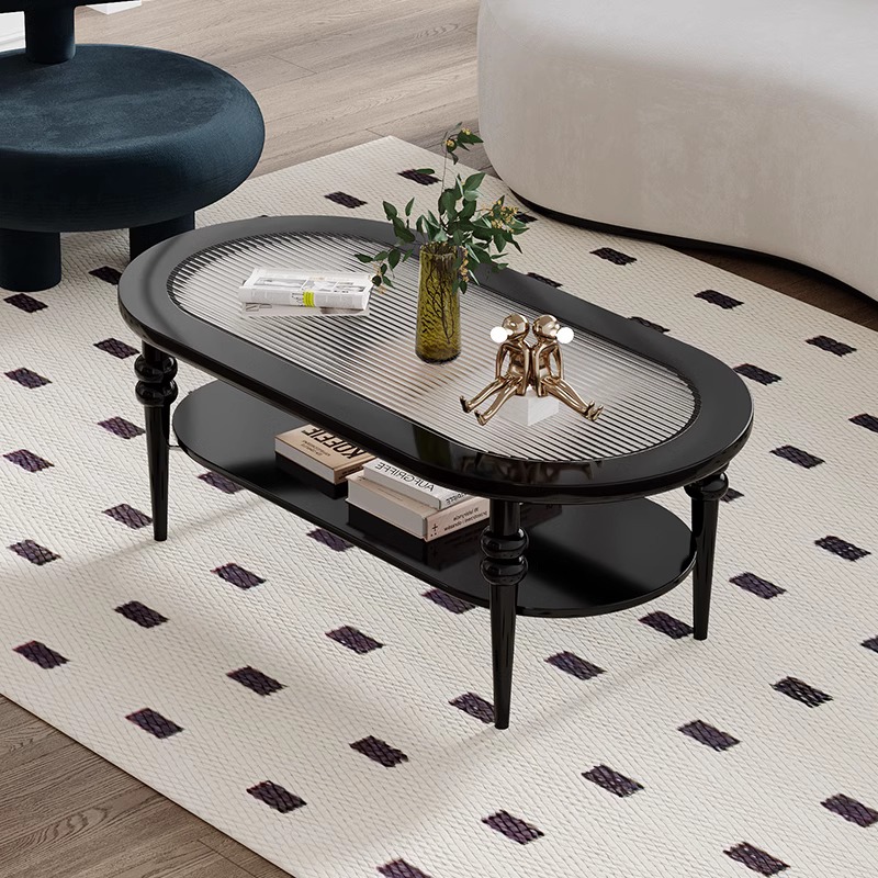 屿墨丨波尔茶几法式中古风实木茶几家用椭圆形复古高级感玻璃茶桌