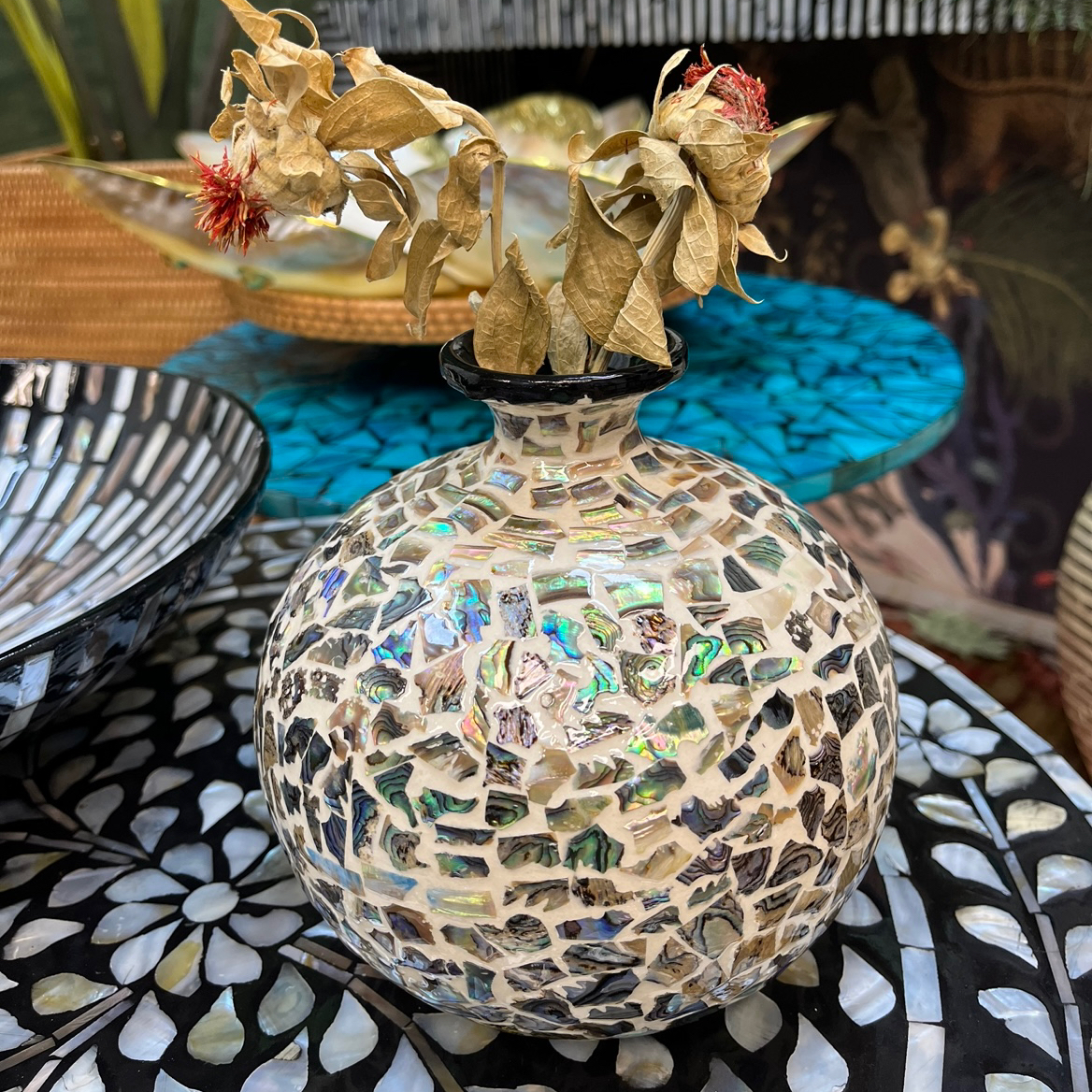 立航家居东南亚贝壳镶嵌可注水澳鲍壳大肚花瓶