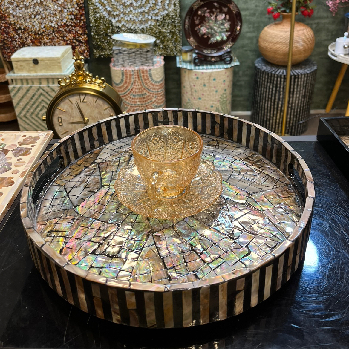 立航家居越南全澳鲍托盘轻奢风酒托家用客厅紫金鲍黑金贝母收纳盘