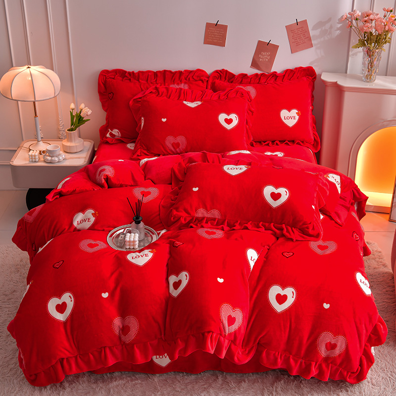 9斤重牛奶绒四件套加厚冬季加绒被罩双面毛绒韩版小清新床裙婚庆2