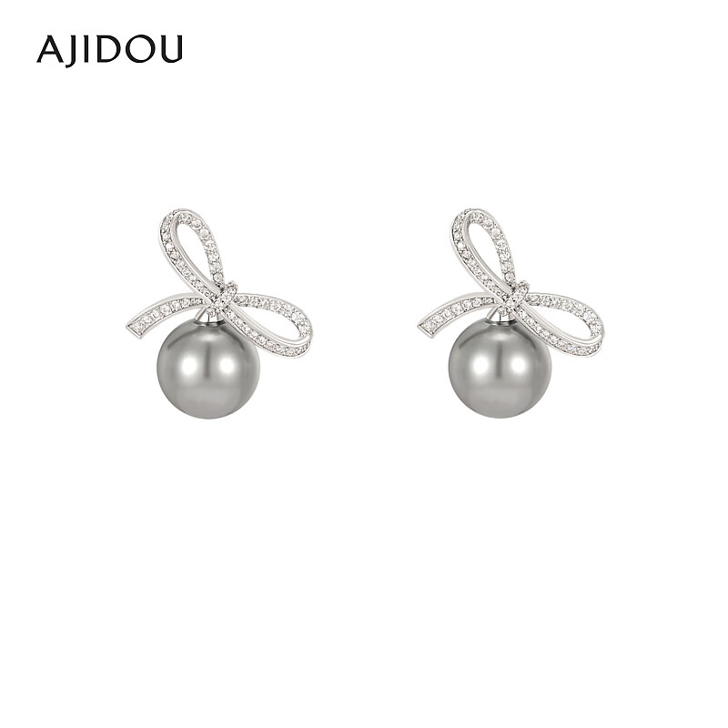 合金耳饰 AJIDOU阿吉豆甜美蝴蝶结灰色仿珍珠耳钉
