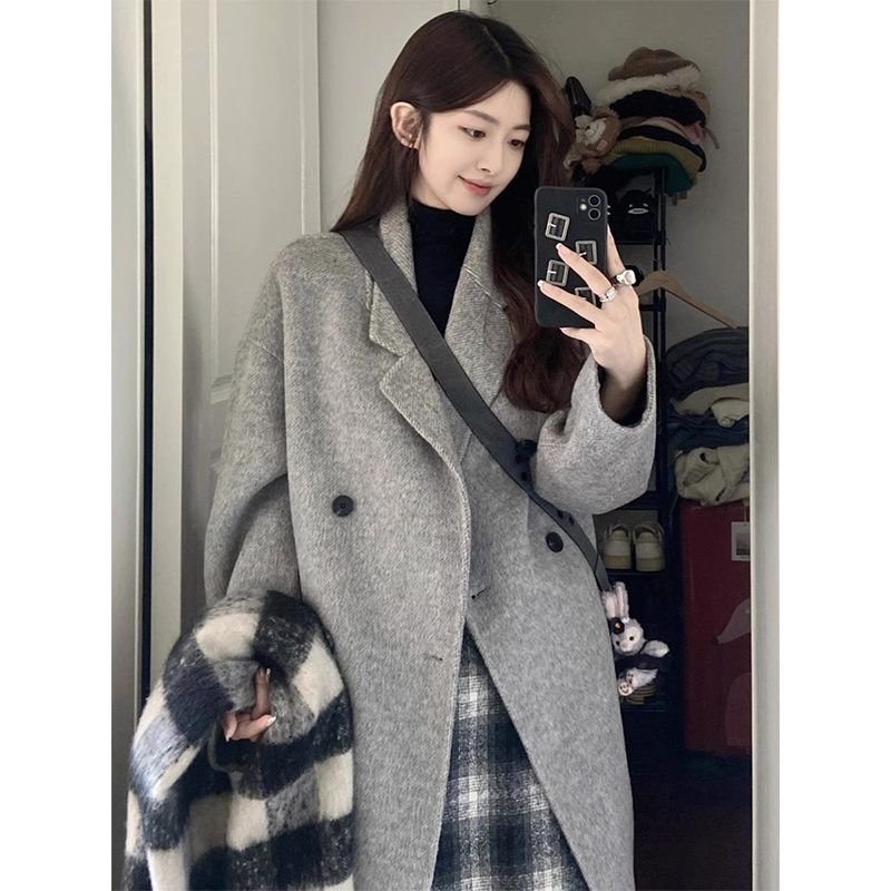 高级感灰色毛呢外套女秋冬季2023年新款韩版小个子大衣中长款加厚
