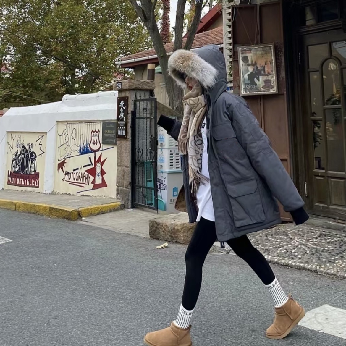 冬季宽松工装派克情侣款百搭连帽羽绒服女款加厚保暖大毛领中长款