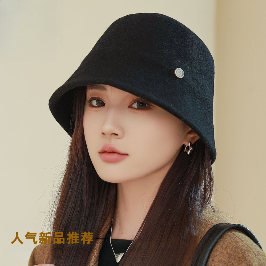 2023秋冬新款高档羊毛渔夫帽女神优雅显脸小宽边盆帽高级感水桶帽