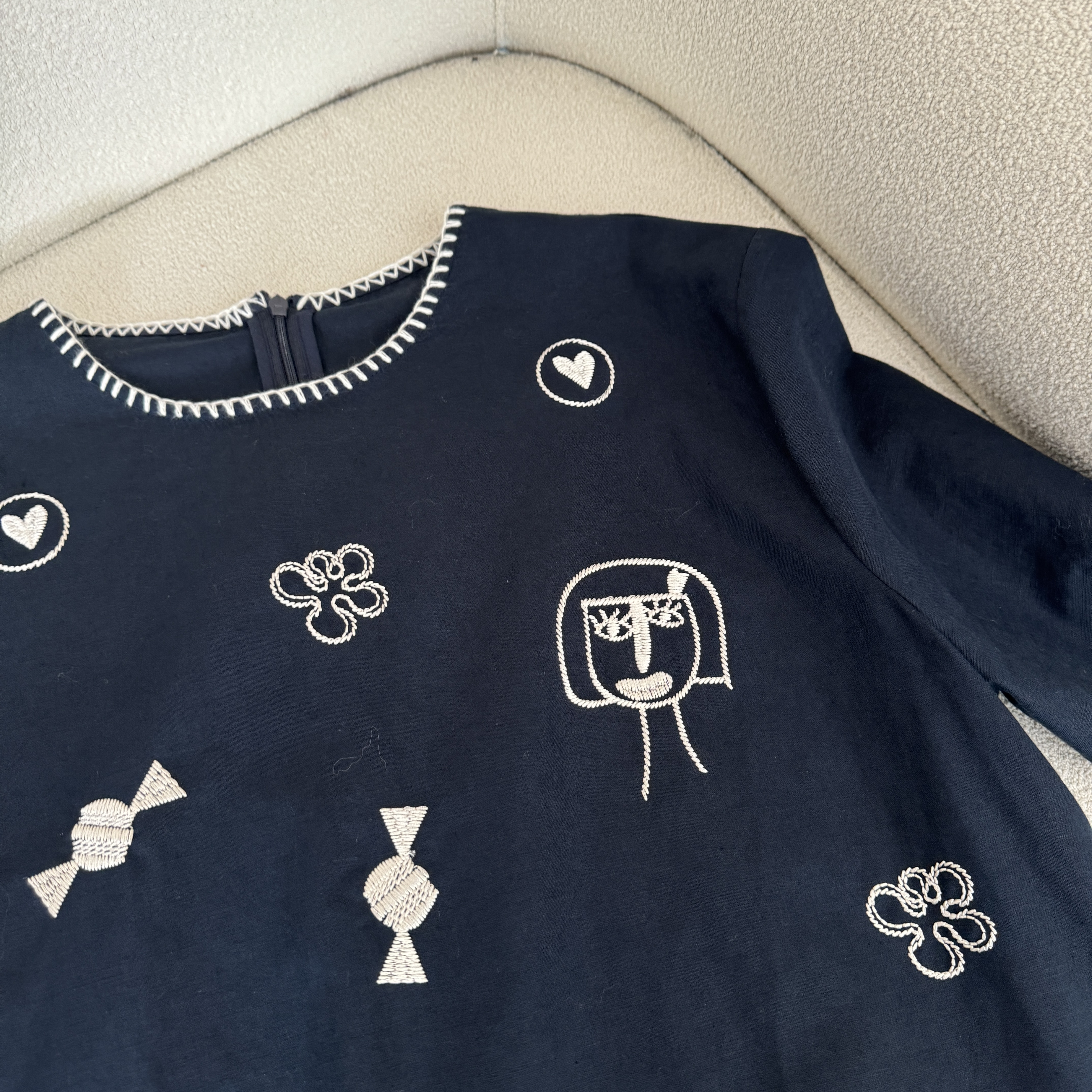 KEKE【鹤烟】苎麻气质时尚百搭刺绣圆领印花短袖上衣女