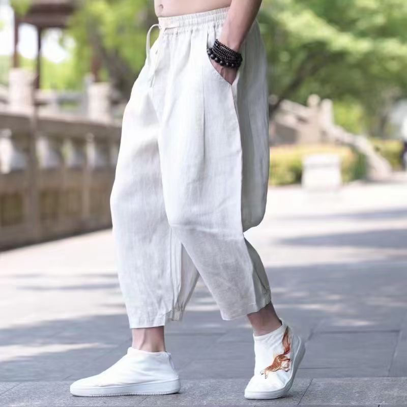 高端纯亚麻九分裤夏季中国风男裤子薄款宽松八分哈伦裤阔腿休闲裤