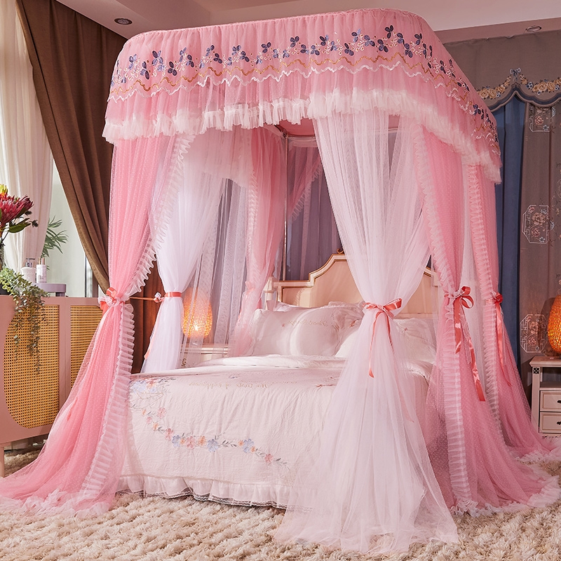 家用卧室三开门一体式双层遮光导轨抗A类床幔落地式欧式蚊帐艾