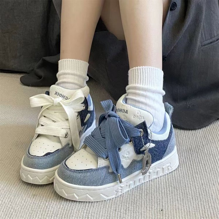Qg情侣小白鞋牛仔面包鞋蓝板鞋ins国潮百搭小女运动泡芙夏季