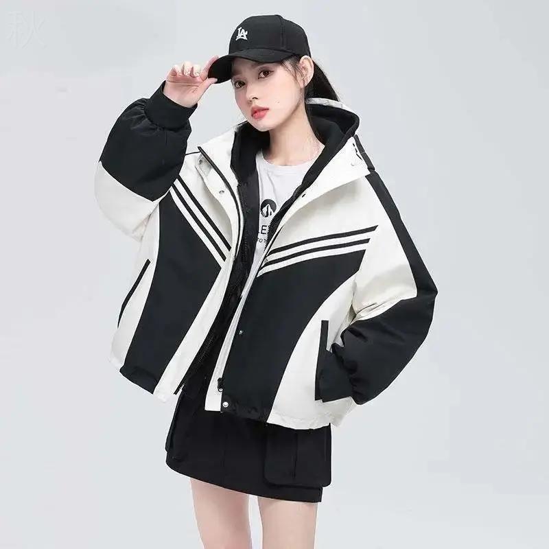 服女2023年精选短款时尚撞色御寒冲锋衣韩版休闲冬季保暖外羽绒服