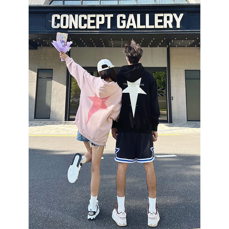 美式连帽卫衣女春秋款宽松五角星设计感oversize慵懒风情侣外套潮