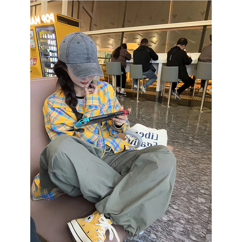 2024新款早春装慵懒风美式复古格子衬衫外套女春夏款衬衣长袖上衣