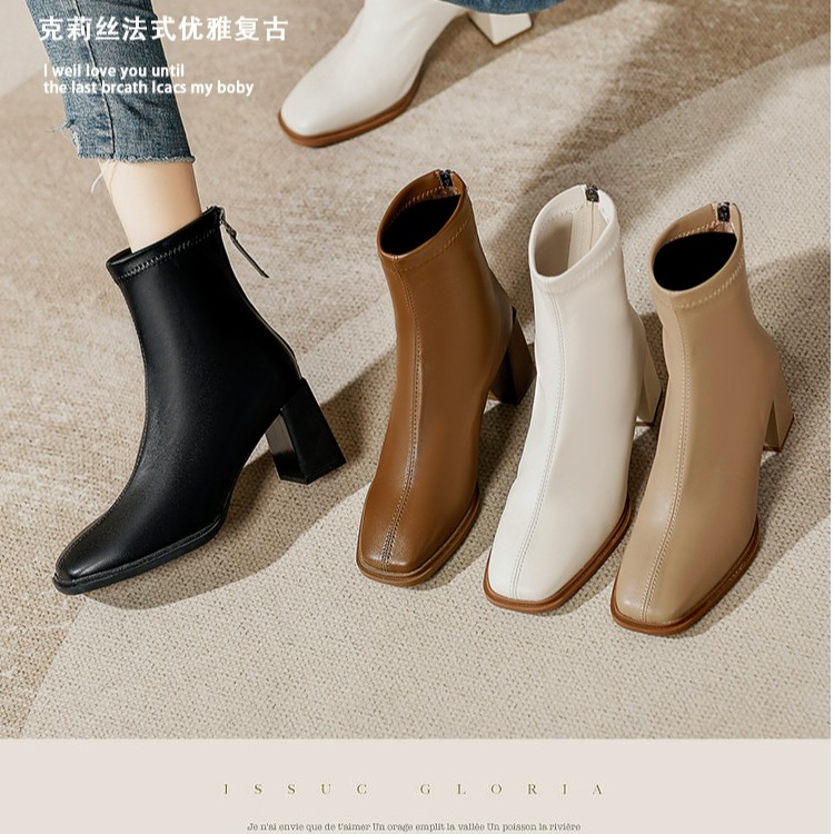 小个子法式方头真皮瘦瘦靴2025年新款粗跟短靴气质百搭时装靴