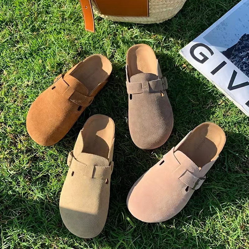 包头半拖鞋女新款复古穆勒鞋平底休闲真皮时尚丑萌勃肯鞋情侣