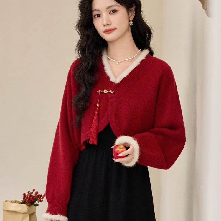 鹿向南「朱砂痣」红色连衣裙女秋冬新中式针织毛衣长袖裙L52208