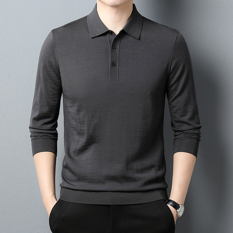 高端翻领100%精纺纯羊毛衫长袖针织衫细软打底毛衣春秋男装T恤薄