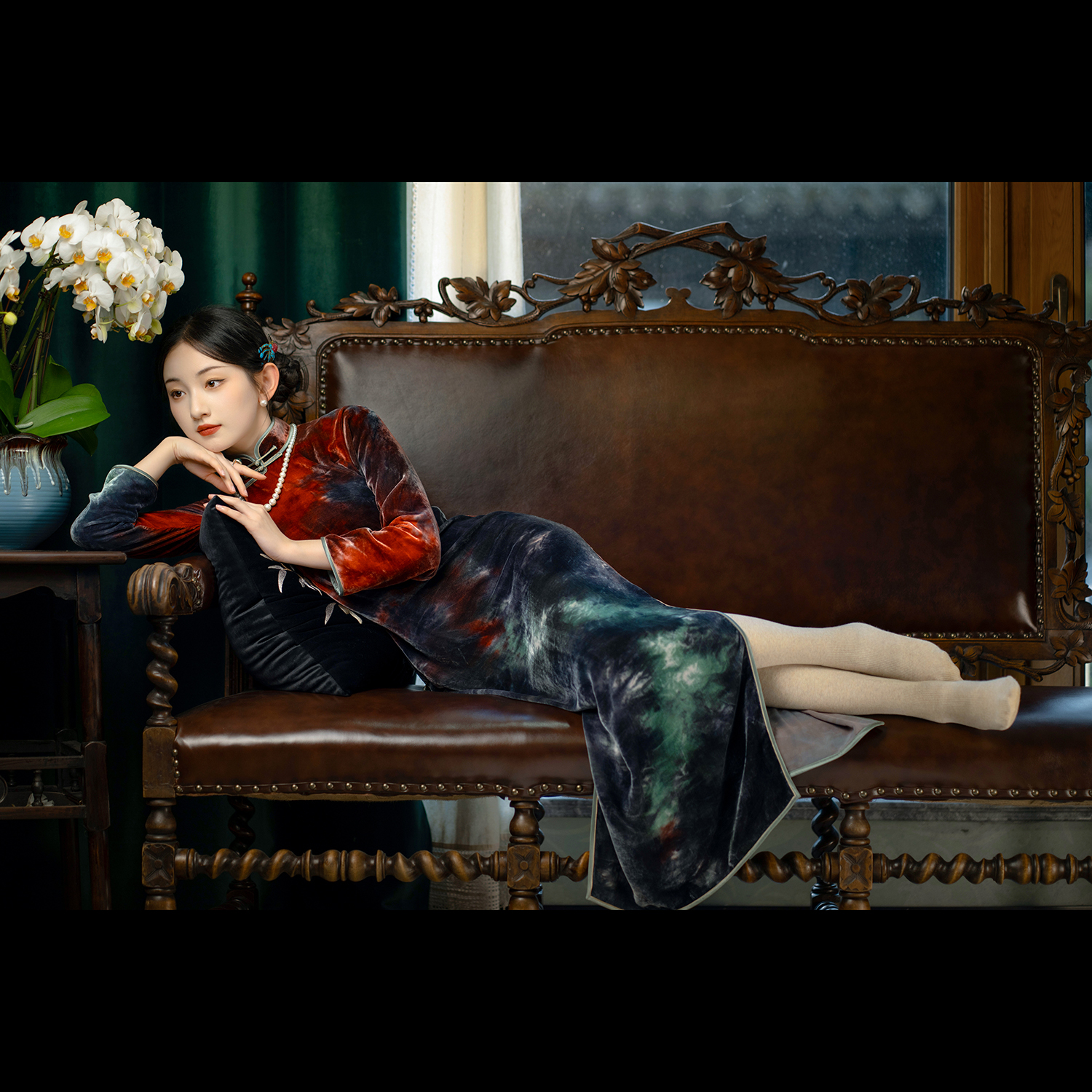 流光暮染丨一城风絮丨冬款民国风复古扎染真丝绒气质旗袍长款日常