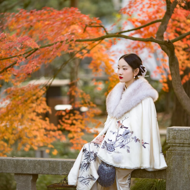 朔风如解意丨保暖大毛领斗篷披肩百搭旗袍绣花外披