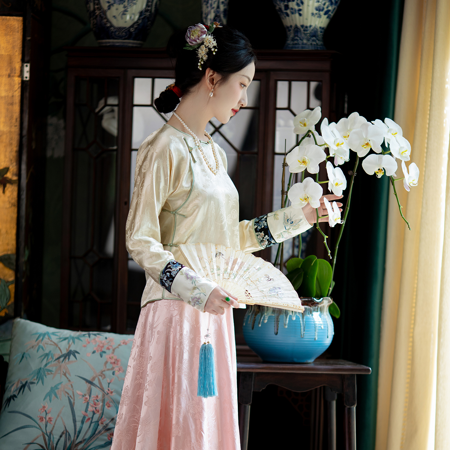 花意清吟丨一城风絮秋款丨中式无领盘扣窄长挽袖上衣打底小衫百搭