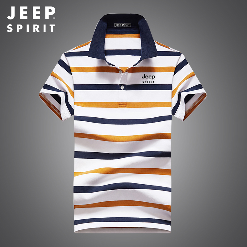 jeep吉普高档翻领条纹polo衫男士夏季薄款休闲短袖T恤半袖上衣男