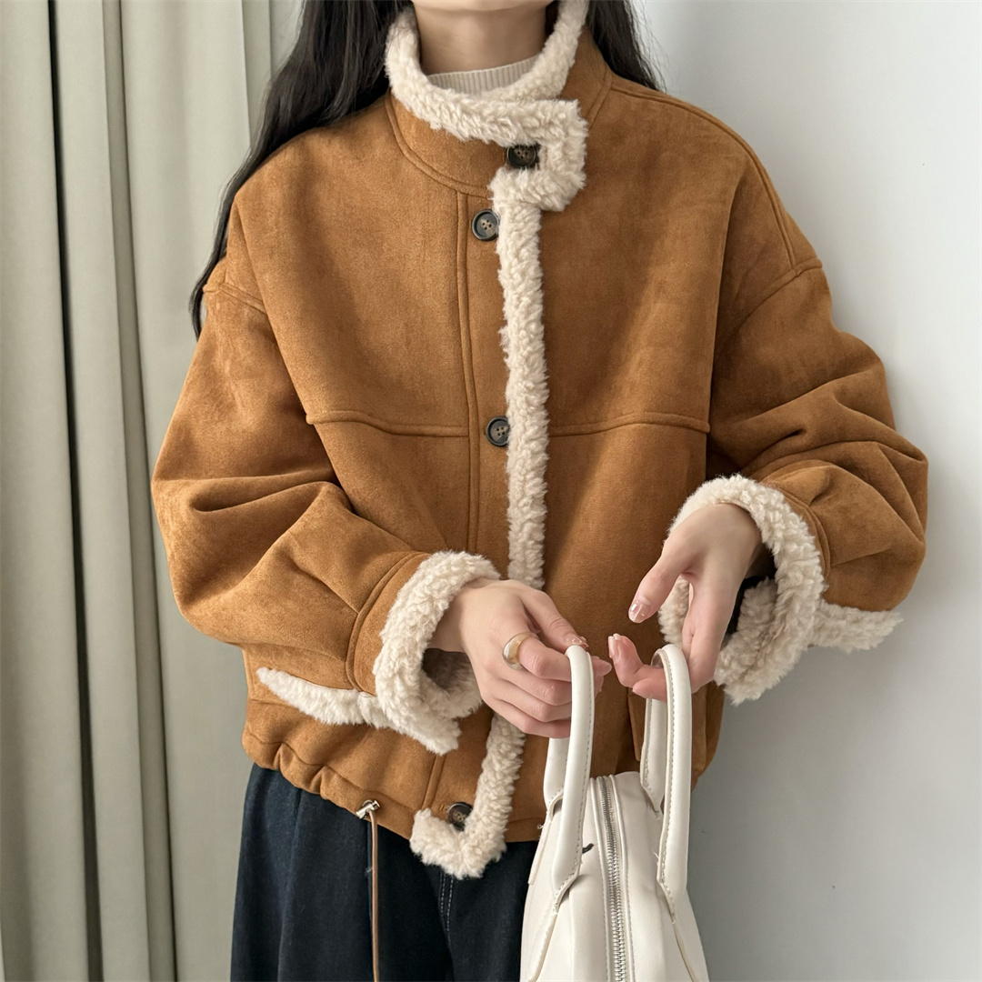 新款韩系冬款机车服拼接短款外套时尚百搭宽松显瘦女夹克立领上衣