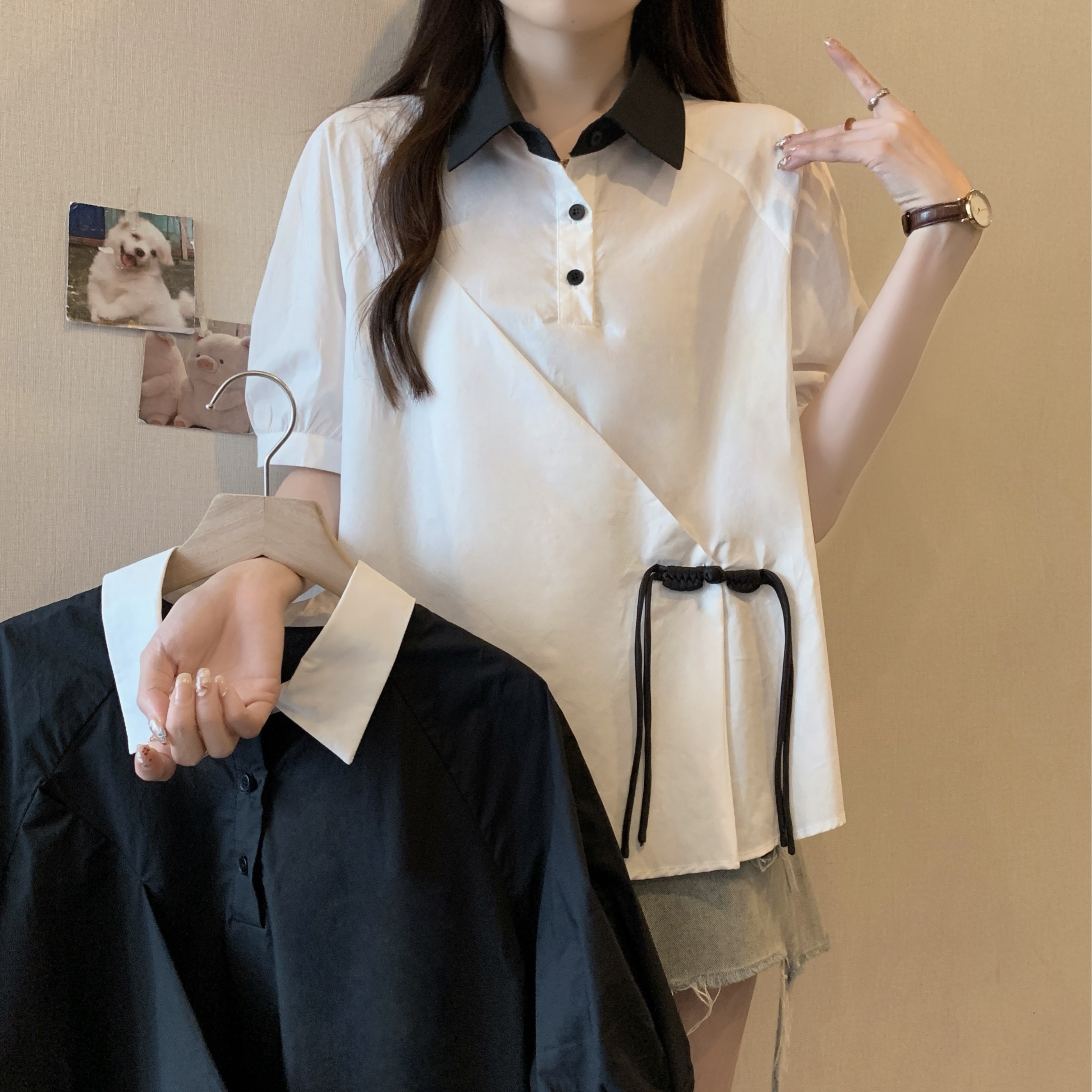 大码胖mm夏季宽松新中式盘扣衬衫女短袖设计感不规则上衣
