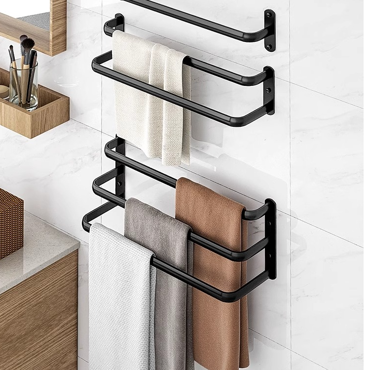 免打孔太空铝毛巾架毛巾杆单杆卫生间三杆挂杆卫浴室黑色北欧创意