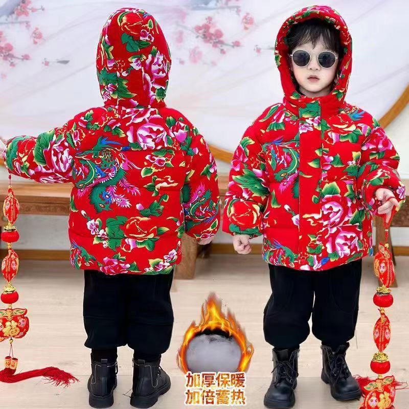 东北大花棉袄男女童连帽款中国风冬季保暖宝宝棉袄