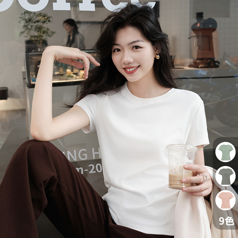 美洋MEIYANG瘦瘦T嘎嘎显瘦棉休闲正肩弹力修身甜美可爱风格衣服