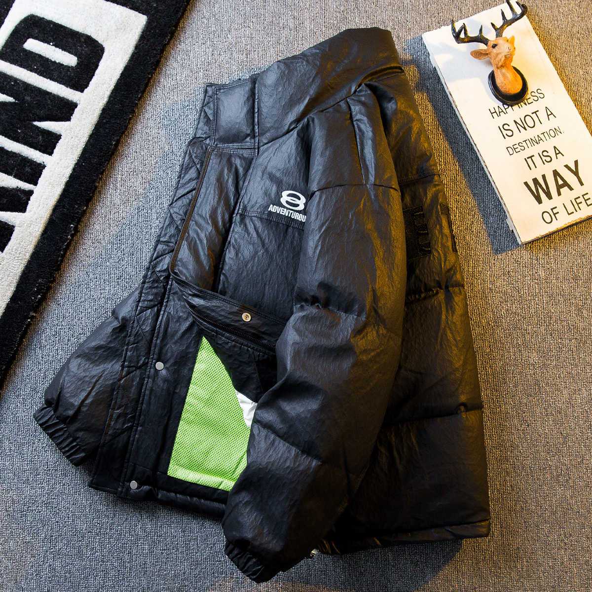 冬装男装高端龟裂肌理PU皮棉服男士冬季立领白加厚面包服保暖外套