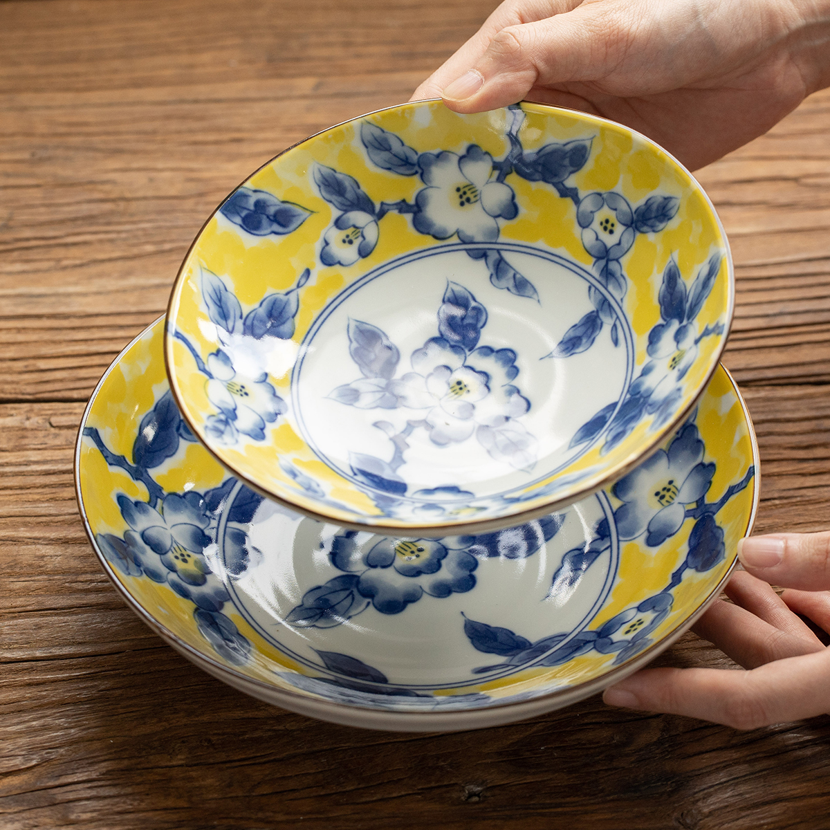 日本进口美浓烧黄彩花黄彩牡丹家用日式餐盘菜盘陶瓷釉下彩炒菜盘