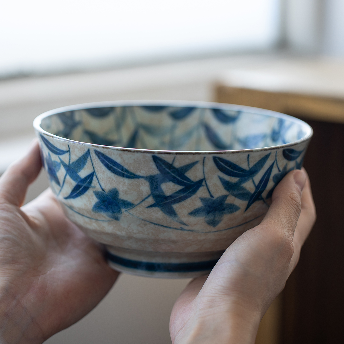 日本进口黄泥桔梗复古青花瓷陶瓷手绘日式家用米饭碗釉下彩拉面碗