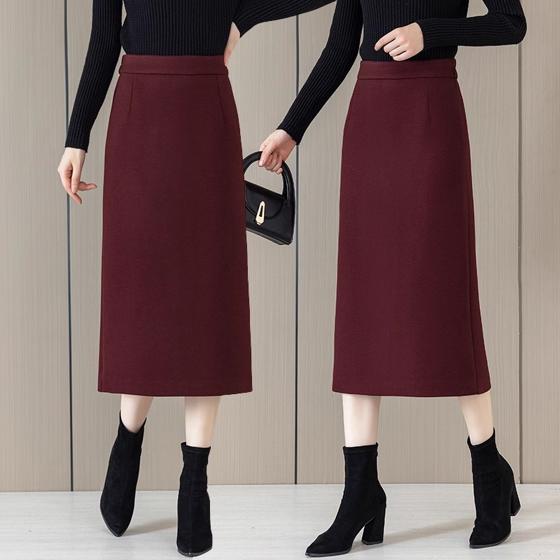 羊毛半身裙秋冬季毛呢裙子2024新款直筒裙高腰显瘦大码中长一步裙