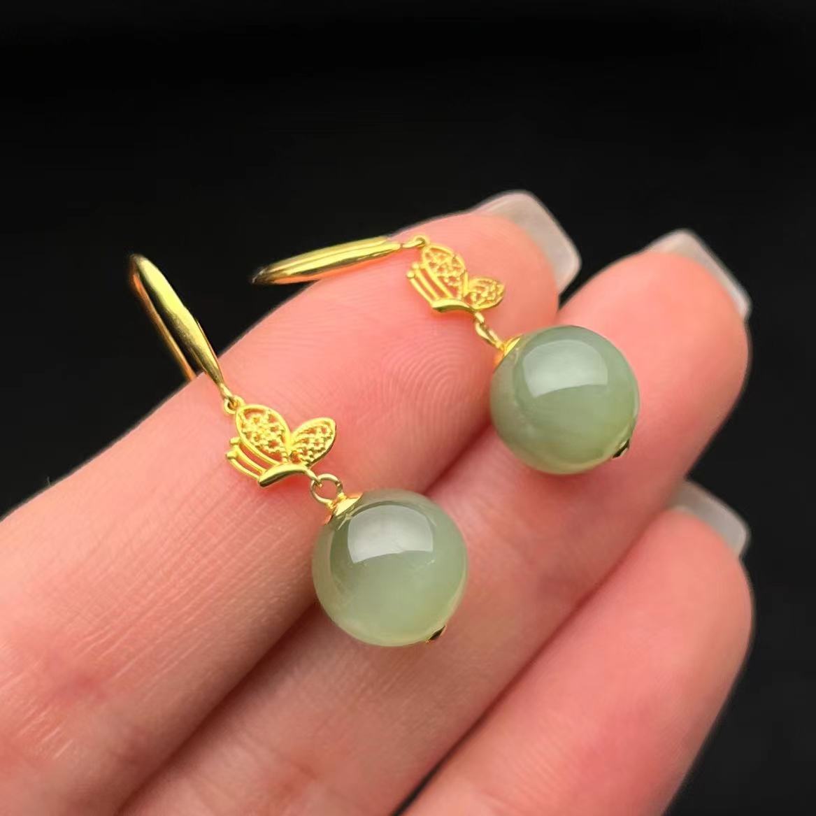 华林鹿姐 Y01 18k金和田玉粉青圆珠蝴蝶耳钩