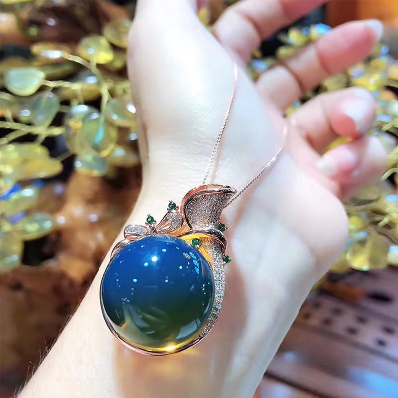 s925银5A精选墨西哥蓝珀吊坠净水蓝珀吊坠17m➕轻奢时尚百搭蓝琥珀