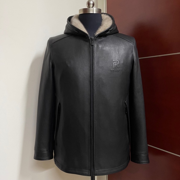 新品重工压刻男士山羊皮银兰貂皮内胆连帽皮衣