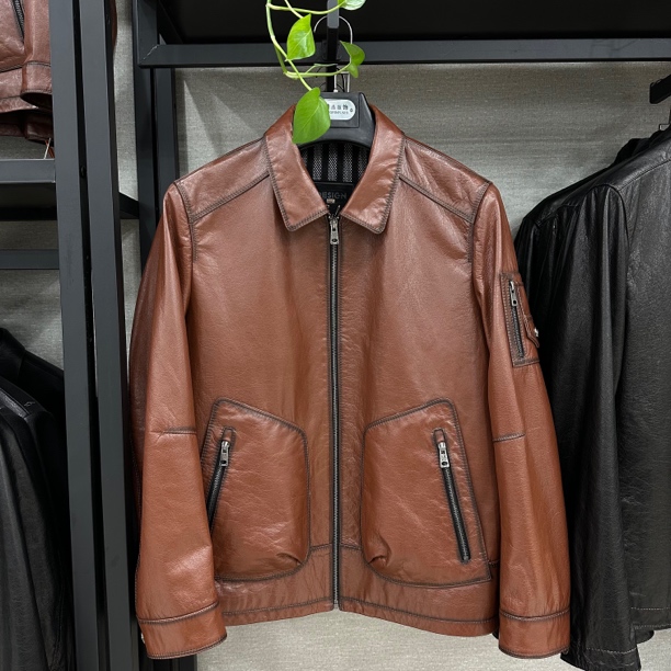 春秋男士翻领小牛皮油蜡红棕皮夹克