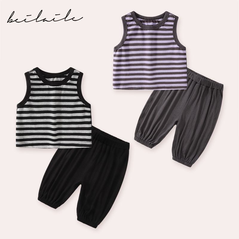 男童夏季洋气时尚薄款女童两件套套装小童宝宝条纹衣服百搭