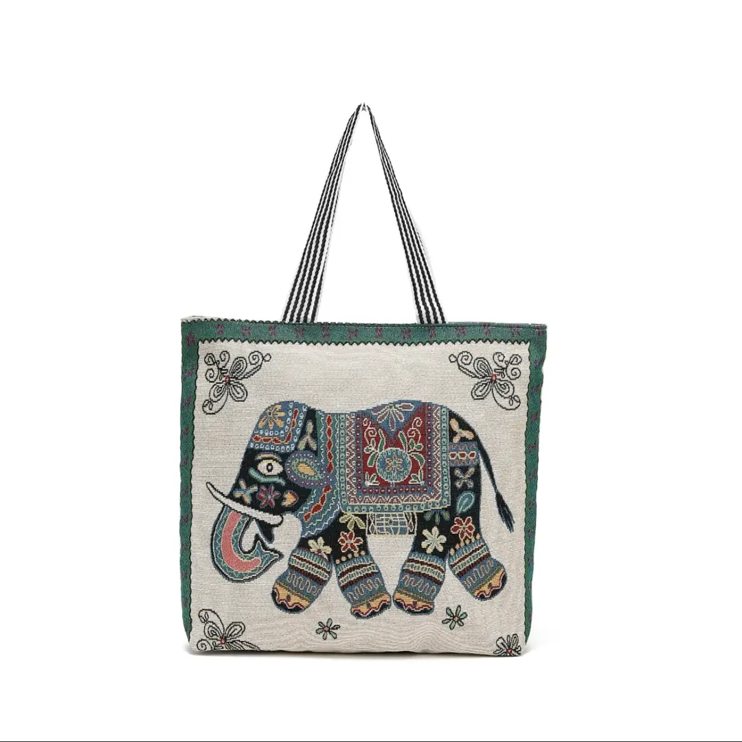 白底绿边大象刺绣包妈咪购物袋帆布包新款卡通休闲托特大包帆布袋