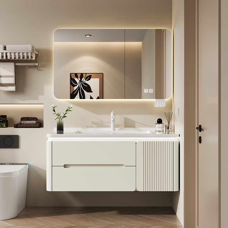 橡木浴室柜组合奶油风圆角洗漱台洗脸盆柜陶瓷一体盆智能洗手盆柜