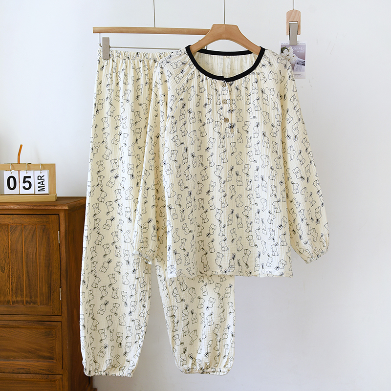 泡泡棉纱短袖短裤长袖长裤短袖睡衣全棉透气减龄套头女睡衣套装