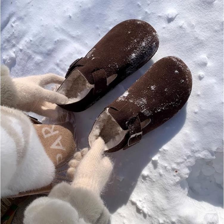 勃肯鞋秋冬季加绒百搭雪地靴日系复古博肯鞋厚底懒人鞋女