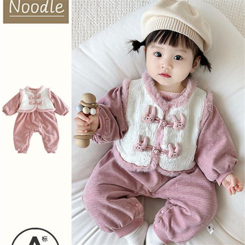 婴儿连体衣秋冬季加厚加绒拜年服夹棉保暖哈衣宝宝冬装衣服薄棉服